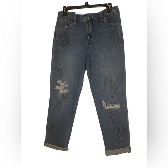 NWT Style& co Blue Beaded Embroidered Denim Distressed Boyfriend Jeans Size 8 - Picture 2 of 15